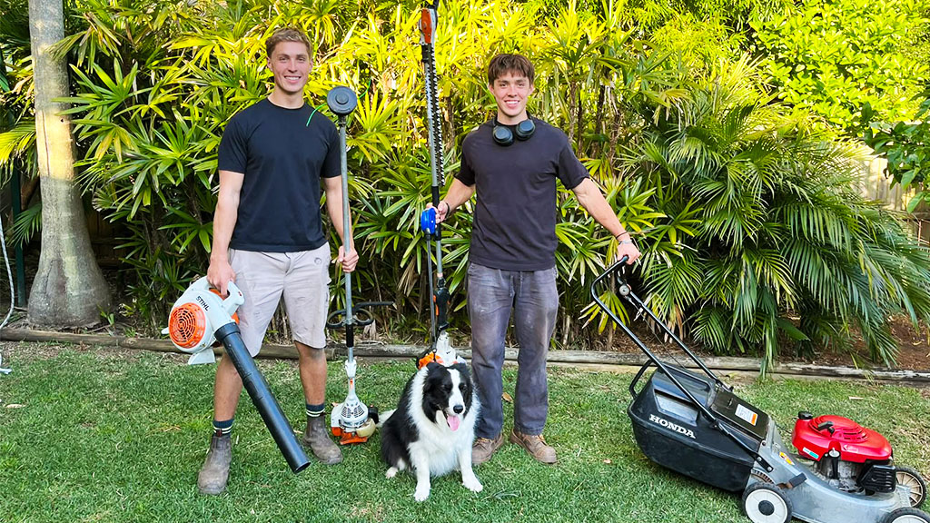 The Mower Jones brothers with their mower, blower and trimmer